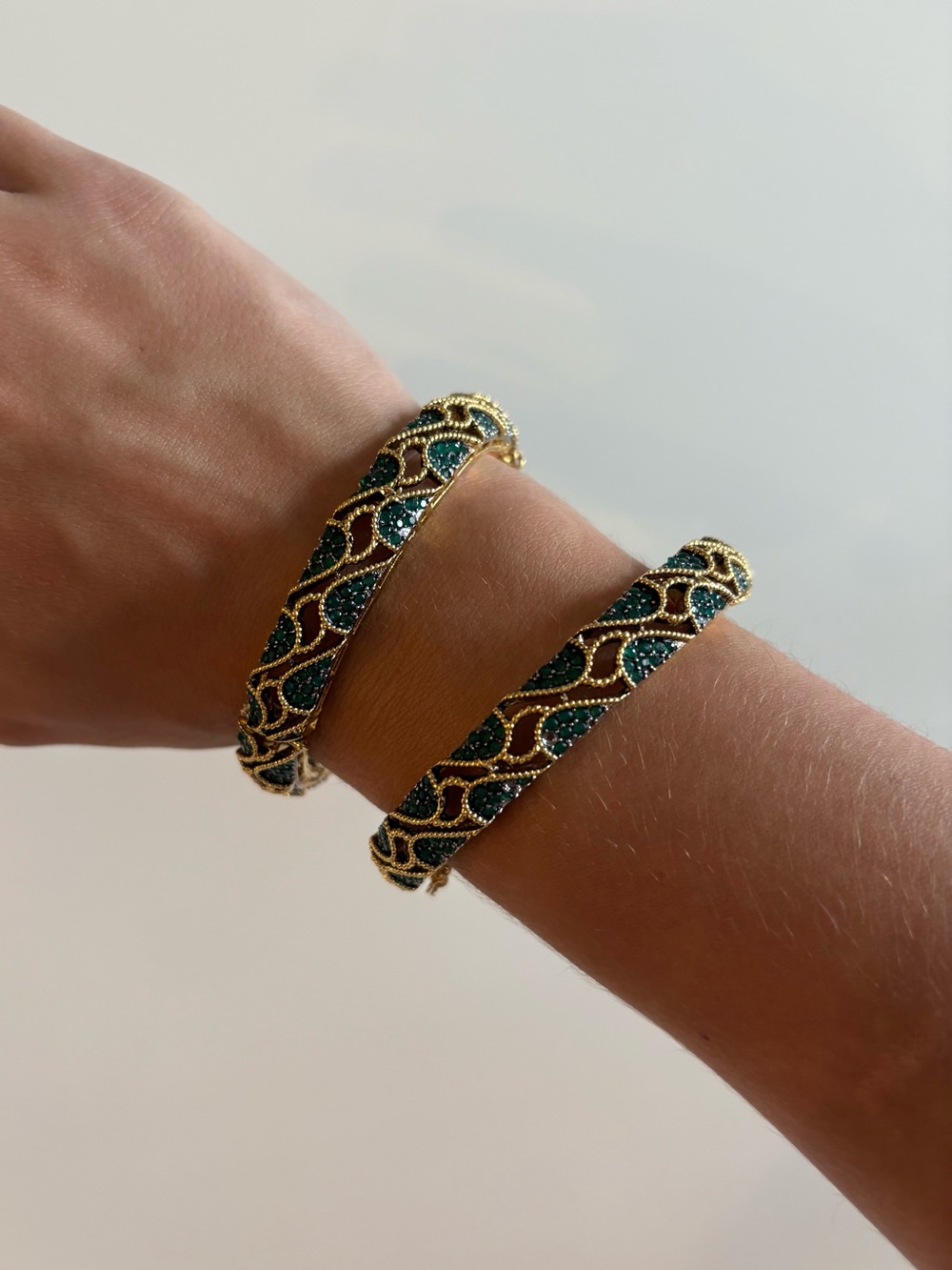 Gold and Emerald Green Filigree Enamel Bangle Bracelet Set